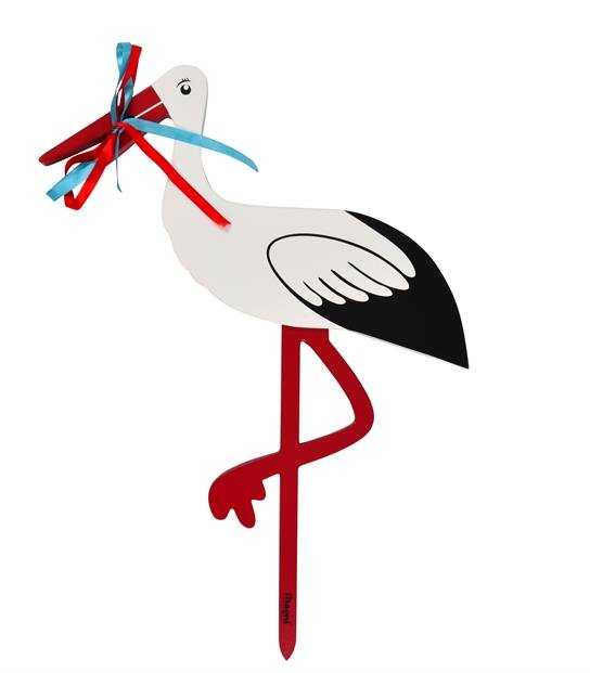 Magni - Fødselsstork i træ,m. rødt og blåt bånd-Magni